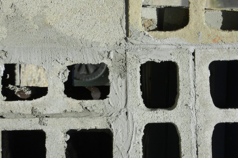 Gros plan de blocs de béton empilés en assises, leurs alvéoles creuses ouvertes sur le vide.